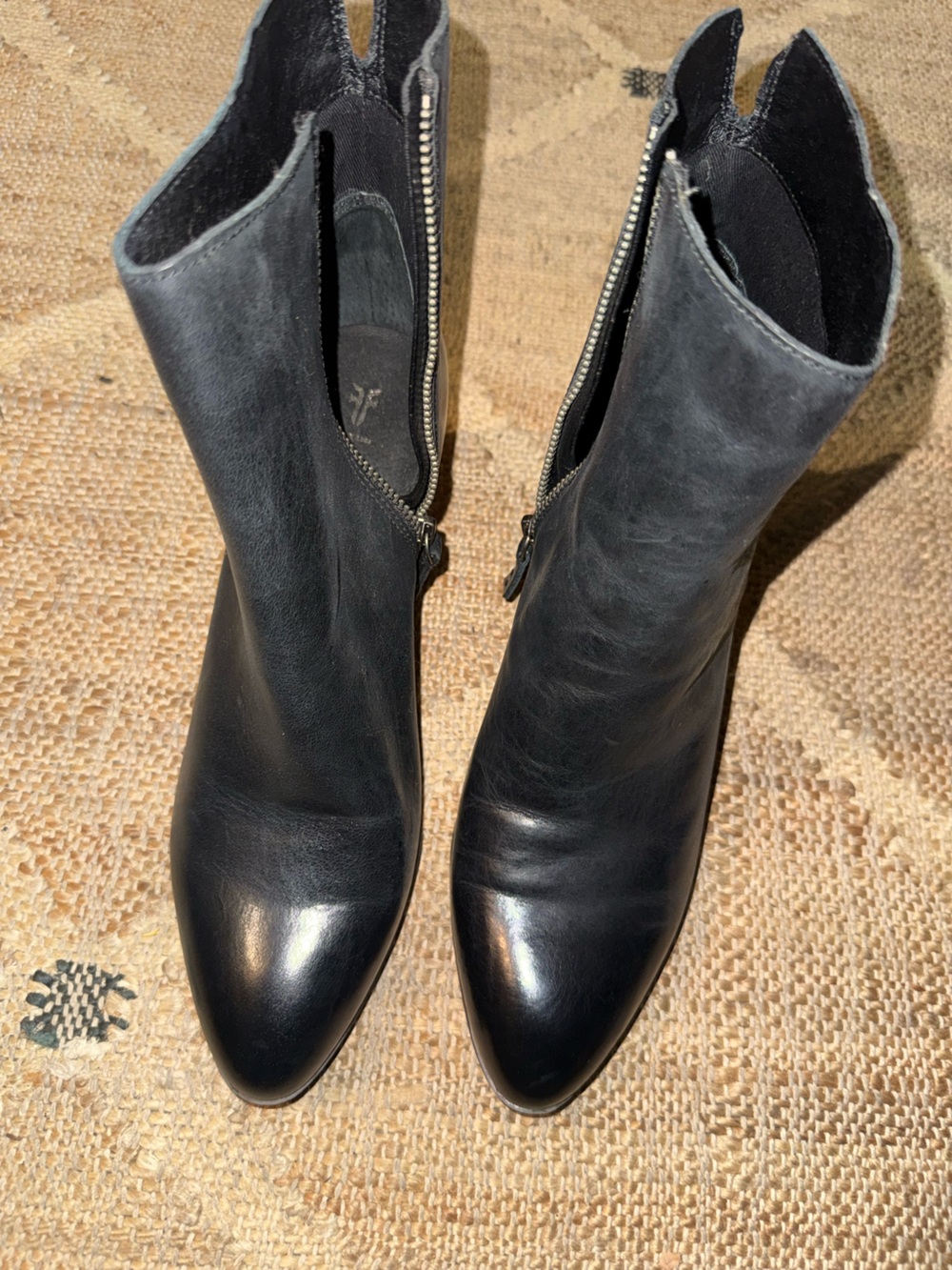 Frye Black Leather Pointed Ankle Booties with Side Zip